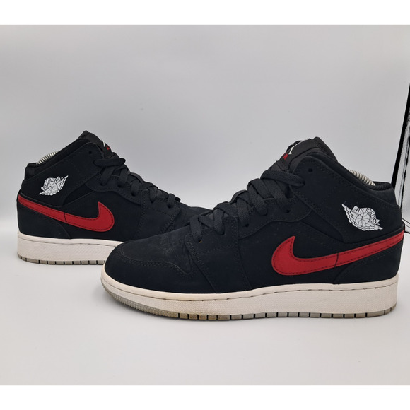 Size 5.5Y | 7W - Jordan 1 Mid Multi-Color Swoosh Black (GS) - 554725-065 - Picture 1 of 10